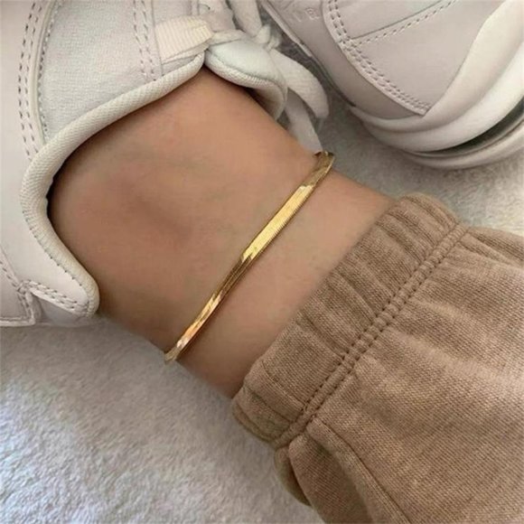 Gold Plated Flat Herringbone Ankle Bracelet Anklet - Picture 8 of 8